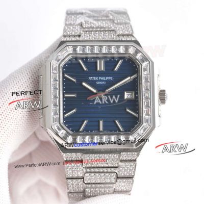  Super Clone Patek Philippe Cubitus Blue Dial Iced Out Diamond Case 45mm Watch 